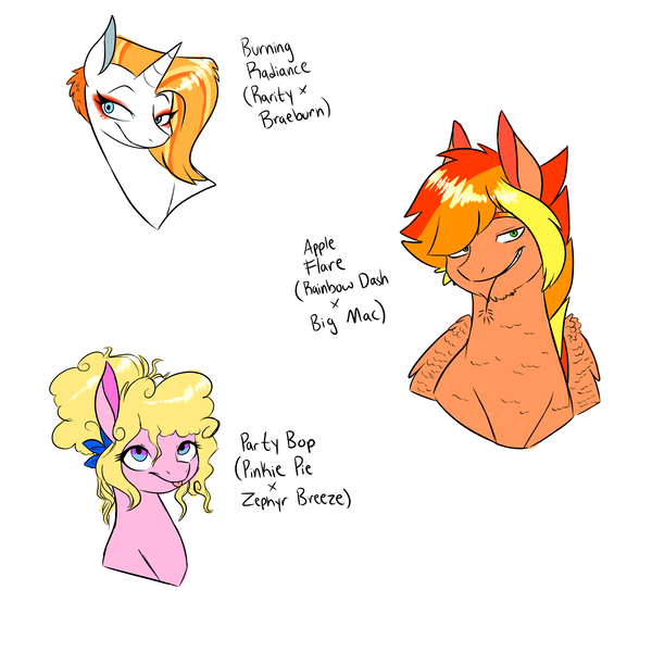 Size: 2000x2000 | Tagged: safe, artist:sonicgalactus, derpibooru import, oc, oc:apple flare, oc:burning radiance, oc:party bop, earth pony, pegasus, pony, unicorn, bust, offspring, parent:big macintosh, parent:braeburn, parent:pinkie pie, parent:rainbow dash, parent:rarity, parent:zephyr breeze, parents:rainbowmac, parents:rariburn, parents:zephyrpie, simple background, straw in mouth, white background