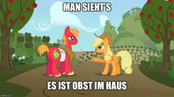 Size: 888x499 | Tagged: safe, derpibooru import, edit, edited screencap, screencap, applejack, big macintosh, ponified, pony, applebuck season, apple, apple orchard, apple tree, bandage, deutsch, duo, german, meme, orchard, pointing, psycho-andreas, straw in mouth, sweet apple acres, tree