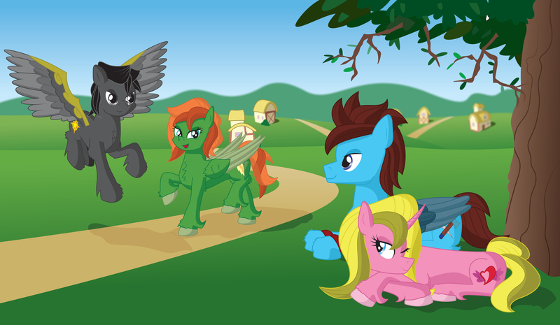 Size: 4650x2700 | Tagged: safe, artist:miipack603, derpibooru import, oc, oc:emily flutterheart, oc:jacob braveheart, oc:jenna flashstrike, oc:john darkblaze, pegasus, pony, unicorn, spoiler:g5, amputee, artificial wings, augmented, blurred background, building, cell shaded, complex background, cutie mark, daytime, female, flying, fur, g5, hill, hooves, horn, houses, landing, lying down, male, mare, mechanical wing, original style, prosthetic limb, prosthetic wing, prosthetics, resting, road, rolling hills, shading, shadow, simple shading, sky, stallion, standing, tree, updated design, wing brace, wings