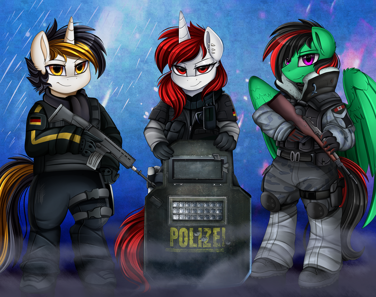 Size: 3215x2540 | Tagged: safe, artist:pridark, derpibooru import, oc, oc:lightning weather, unofficial characters only, pegasus, semi-anthro, unicorn, bipedal, clothes, commission, crossover, gun, looking at you, rainbow six, shield, tom clancy, video game crossover, weapon