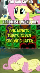 Size: 891x1621 | Tagged: safe, derpibooru import, edit, edited screencap, screencap, fluttershy, pony, fluttershy leans in, the mean 6, comic, covering eyes, crying, driven to tears, floppy ears, screencap comic, solo, spongebob squarepants, spongebob time card, you can't win