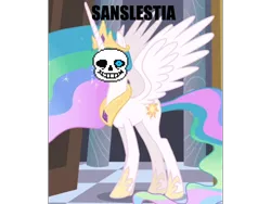 Size: 960x720 | Tagged: safe, derpibooru import, edit, edited screencap, editor:countcoltnackh, screencap, princess celestia, alicorn, pony, caption, crossover, dank memes, female, glowing eye, grin, image macro, mare, meme, sans (undertale), sanslestia, smiling, solo, spread wings, text, undertale, wings