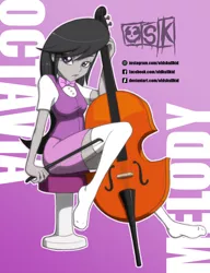 Size: 1128x1468 | Tagged: safe, artist:oldskullkid, derpibooru import, octavia melody, equestria girls, bow, bowtie, cello, clothes, female, looking at you, missing shoes, musical instrument, sitting, skirt, socks, solo, thigh highs