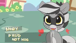 Size: 1280x720 | Tagged: safe, artist:pabbley, artist:threetwotwo32232, derpibooru import, edit, oc, oc:bandy cyoot, unofficial characters only, earth pony, hybrid, pony, raccoon, raccoon pony, dating sim, dialogue box, fangs, female, heart, hooves together, looking at you, open mouth, smiling, solo, text, underhoof, wide eyes