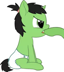 Size: 2252x2525 | Tagged: safe, artist:craftycirclepony, derpibooru import, oc, oc:anonfilly, unofficial characters only, pony, unicorn, angry, baby, baby pony, biting, clothes, cute, diaper, female, filly, foal, hair tie, hoof biting, image, offscreen character, png, raised leg, scrunchy face, simple background, sitting, transparent background