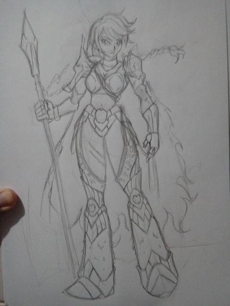 Size: 2448x3264 | Tagged: applejack, armor, artist:kenuma, derpibooru import, female, human, humanized, lance, pencil drawing, safe, scar, sketch, solo, traditional art, valkyrie, weapon