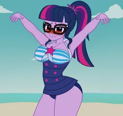 Size: 1900x1800 | Tagged: suggestive, artist:mashoart, derpibooru import, sci-twi, twilight sparkle, equestria girls, equestria girls series, forgotten friendship, armpits, beach, beach babe, big breasts, blushing, breasts, busty sci-twi, busty twilight sparkle, clothes, curvy, female, glasses, looking at you, ocean, sand, solo, solo female, stupid sexy twilight, swimsuit