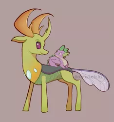 Size: 761x814 | Tagged: artist:ximsketchs, changedling, changeling, derpibooru import, dragon, duo, gray background, king thorax, looking at each other, male, safe, simple background, smiling, spike, thorax, winged spike