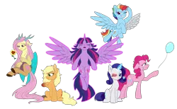 Size: 3000x1849 | Tagged: safe, artist:whitehershey, derpibooru import, applejack, fluttershy, pinkie pie, rainbow dash, rarity, twilight sparkle, twilight sparkle (alicorn), alicorn, draconequus, earth pony, pegasus, pony, unicorn, fanfic:my little pony: the unexpected future, amputee, artificial wings, augmented, balloon, both cutie marks, draconequified, female, floppy ears, flutterequus, magic, mane six, prosthetic limb, prosthetic wing, prosthetics, scar, simple background, species swap, spread wings, telekinesis, transparent background, wings