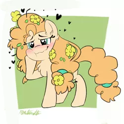Size: 1440x1440 | Tagged: safe, artist:aesthetic-bagel, derpibooru import, pear butter, earth pony, pony, blushing, flower, flower in hair, heart, heart eyes, hoof on chin, smiling, solo, wavy mouth, wingding eyes