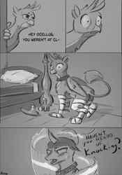 Size: 2378x3398 | Tagged: suggestive, artist:kam, deleted from derpibooru, derpibooru import, gallus, ocellus, changedling, changeling, gryphon, awkward, bed, camera, caught, clothes, collar, comic, dialogue, disguise, disguised changeling, duo, female, grayscale, lube, male, monochrome, now you fucked up, pillow, quadrupedal, school of friendship, shrunken pupils, signature, socks, striped socks, thigh highs, transformation