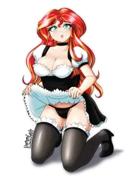 Size: 2800x3800 | Tagged: suggestive, artist:danmakuman, derpibooru import, sunset shimmer, human, equestria girls, big breasts, black underwear, breasts, busty sunset shimmer, cleavage, clothes, dress, female, fishnets, high heels, humanized, looking at you, maid, mary janes, panties, sexy, shoes, simple background, skirt, skirt lift, socks, solo, solo female, stockings, stupid sexy sunset shimmer, thigh highs, transparent background, underwear
