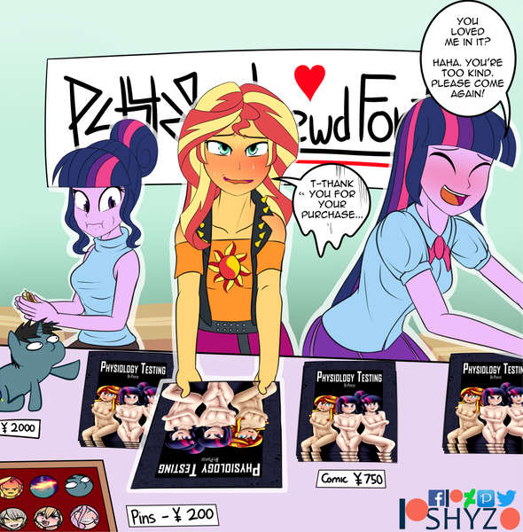Size: 1032x1050 | Tagged: questionable, artist:pshyzomancer, derpibooru import, sci-twi, sunset shimmer, twilight sparkle, comic:physiology testing, equestria girls, blushing, breasts, comic, comic cover, convention, covering, dialogue, embarrassed, embarrassed nude exposure, female, lesbian, lip bite, looking at you, nudity, pins, plushie, polyamory, scitwishimmer, shipping, sunset twiangle, sunsetsparkle, text, twolight