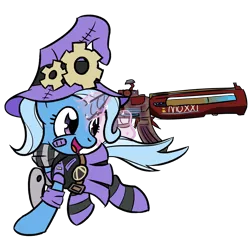 Size: 2560x2560 | Tagged: safe, artist:phat_guy, derpibooru import, trixie, pony, amputee, borderlands, borderlands 2, clothes, cute, glowing horn, gun, hat, horn, magic, mechromancer, pleated skirt, prosthetic limb, prosthetics, rifle, running, scarf, simple background, skirt, smiling, socks, solo, striped socks, telekinesis, transparent background, weapon