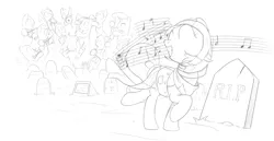 Size: 1716x883 | Tagged: safe, artist:brisineo, derpibooru import, oc, ghost, pegasus, pony, undead, bassoon, cello, clarinet, clothes, conductor, dancing, double bass, gravestone, graveyard, head wrap, monochrome, music notes, musical instrument, orchestra, scarf, simple background, sketch, smiling, trombone, trumpet, tuba, violin, white background