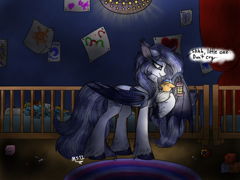 Size: 2048x1536 | Tagged: safe, artist:melonseed11, derpibooru import, oc, oc:sleepytime junction, unofficial characters only, bat pony, pony, baby, baby pony, bow, crying, dark, diaper, ethereal mane, eyes closed, eyeshadow, fangs, female, floppy ears, foal, hair bow, holding a pony, lantern, leg fluff, lidded eyes, makeup, mare, open mouth, smiling, speech bubble, starry mane, unshorn fetlocks, wing hands, wings