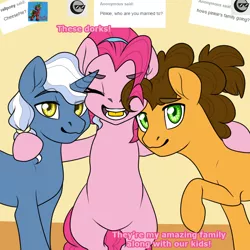 Size: 800x800 | Tagged: safe, artist:rainbowdrool, derpibooru import, cheese sandwich, pinkie pie, pokey pierce, earth pony, pony, unicorn, tumblr:from dust to mist, :3, ask, bipedal, cheesepie, eyes closed, female, from dust to mist, group, hairband, happy, hug, lidded eyes, looking at you, male, mare, open mouth, pinkie pie gets all the stallions, pokeycheesepie, pokeypie, polyamory, polyandry, polygamy, raised hoof, shipping, smiling, stallion, straight, sugarcube corner, tumblr
