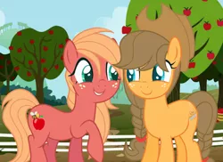 Size: 1488x1082 | Tagged: safe, artist:nathy2001, derpibooru import, oc, oc:apple pie, oc:applebee, unofficial characters only, earth pony, pony, apple, apple tree, base used, braid, braided tail, cousins, cowboy hat, freckles, hat, offspring, parent:applejack, parent:big macintosh, parent:caramel, parent:fluttershy, parents:carajack, parents:fluttermac, raised hoof, stetson, sweet apple acres, tree