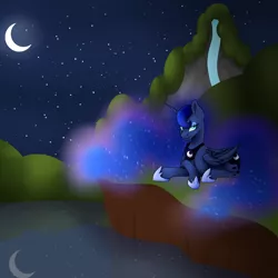 Size: 3000x3000 | Tagged: safe, artist:nathy2001, derpibooru import, princess luna, alicorn, pony, crescent moon, crossed hooves, ethereal mane, eyeshadow, lidded eyes, looking at you, lying down, makeup, moon, night, reflection, solo, starry mane, transparent moon, waterfall