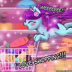 Size: 750x750 | Tagged: safe, artist:lumineko, derpibooru import, oc, oc:high pitch, unofficial characters only, bat pony, pony, bat pony oc, bat wings, blushing, female, flowey, goblin slayer, groceries, headphones, shopping, shopping cart, solo, undertale, wings