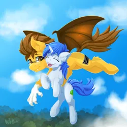 Size: 3000x3000 | Tagged: safe, artist:wildviolet-m, derpibooru import, oc, oc:crystal smith, oc:keystroke, bat pony, hybrid, pony, bat pony oc, bat wings, crystroke, fangs, flying, glasses, holding a pony, laughing, sky, wings