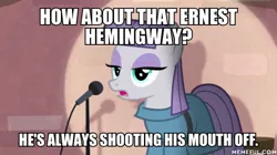 Size: 600x337 | Tagged: safe, derpibooru import, edit, edited screencap, screencap, maud pie, earth pony, pony, the maud couple, caption, female, frown, image macro, joke, lidded eyes, mare, microphone, open mouth, solo, spotlight, text