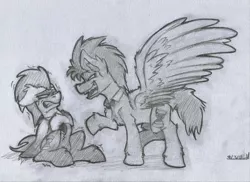 Size: 3439x2500 | Tagged: safe, artist:adilord, derpibooru import, doctor whooves, time turner, pegasus, pony, bowtie, discord whooves, discorded whooves, domination, looking at each other, male, monochrome, necktie, simple background, sketch, stallion, traditional art, white background
