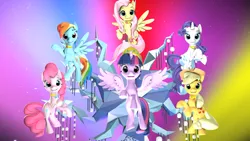 Size: 2981x1677 | Tagged: safe, artist:loveslove, derpibooru import, applejack, fluttershy, pinkie pie, rainbow dash, rarity, tree of harmony, twilight sparkle, twilight sparkle (alicorn), alicorn, pony, 3d, big crown thingy, diadem, element of generosity, element of honesty, element of kindness, element of laughter, element of loyalty, element of magic, elements of harmony, jewelry, mane six, necklace, regalia, source filmmaker, tiara