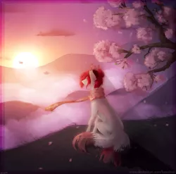 Size: 1145x1130 | Tagged: safe, artist:lastaimin, derpibooru import, oc, earth pony, pony, cherry blossoms, clothes, flower, flower blossom, scarf, sitting, solo, sunset