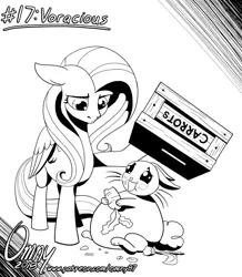 Size: 800x919 | Tagged: safe, artist:omny87, derpibooru import, angel bunny, fluttershy, pegasus, pony, series:ink's warming eve, annoyed, black and white, box, carrot, duo, eating, fat, female, food, grayscale, herbivore, mare, monochrome, stuffing