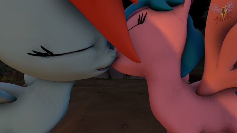 Size: 1280x720 | Tagged: safe, artist:jeffery2151997, derpibooru import, firefly, rainbow dash, pony, 3d, dashfly, female, g1, implied lesbian, kissing, lesbian, shipping, source filmmaker