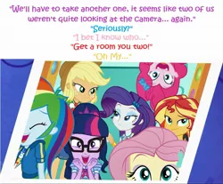 Size: 1921x1591 | Tagged: safe, derpibooru import, edit, edited screencap, editor:leonidus, screencap, applejack, fluttershy, pinkie pie, rainbow dash, rarity, sci-twi, sunset shimmer, twilight sparkle, equestria girls, equestria girls series, bedroom eyes, cowboy hat, dialogue, funny, geode of empathy, geode of shielding, geode of super speed, geode of super strength, geode of telekinesis, glasses, hat, holding hands, humane five, humane seven, humane six, implied lesbian, implied rarijack, implied shipping, in which pinkie pie forgets how to gravity, magical geodes, photo, photo booth, pinkie being pinkie, pinkie physics, shipping fuel, stetson, text