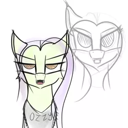 Size: 1000x1000 | Tagged: safe, artist:lamb, derpibooru import, oc, oc:spooky treats, unofficial characters only, bat pony, pony, annoyed look, bandana, bust, clothes, fangs, female, fluffy, lidded eyes, mare, no pupils, open mouth, pointed ears, simple background, sketch, solo, text, white background, wide eyes