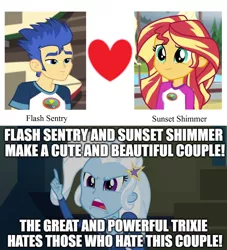 Size: 1292x1424 | Tagged: safe, derpibooru import, edit, edited screencap, screencap, flash sentry, sunset shimmer, trixie, equestria girls, legend of everfree, rainbow rocks, camp everfree outfits, caption, female, flashimmer, image macro, male, meme, mouthpiece, shipping, straight, text, trixie yells at everything