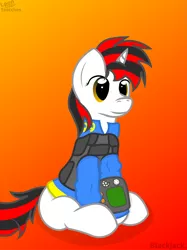 Size: 4081x5442 | Tagged: safe, artist:terminalhash, derpibooru import, oc, oc:blackjack, unofficial characters only, pony, unicorn, fallout equestria, fallout equestria: project horizons, fanfic, absurd resolution, clothes, fanfic art, female, gradient background, hooves, horn, mare, pipbuck, security armor, sitting, solo, vault security armor, vault suit, vector