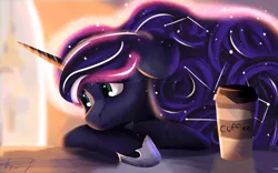 Size: 4000x2500 | Tagged: safe, artist:filama, derpibooru import, princess luna, alicorn, pony, luna-afterdark, coffee, coffee cup, constellation, cup, cute, female, lunabetes, mare, moon, night, paper cup, signature, solo