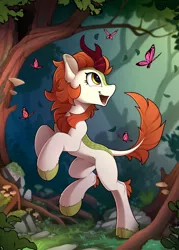 Size: 1500x2100 | Tagged: artist:yakovlev-vad, autumn blaze, awwtumn blaze, butterfly, chest fluff, cloven hooves, colored hooves, cute, derpibooru import, female, forest, happy, hooves, insect, jumping, kirin, leonine tail, mushroom, open mouth, raised hoof, raised tail, rearing, safe, scenery, solo, sounds of silence, tail, tree