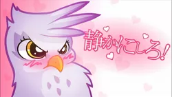 Size: 1280x720 | Tagged: safe, artist:misterdavey, derpibooru import, gilda, gryphon, angry, birb, blushing, bust, chest fluff, cute, exclamation point, female, fluffy, gildadorable, gilda wants you to shut up, gildere, heart, japanese, madorable, maximum overfloof, neck fluff, portrait, solo, translation request, tsundere