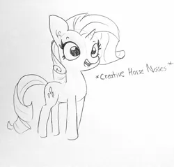 Size: 1504x1440 | Tagged: safe, artist:tjpones, derpibooru import, rarity, pony, unicorn, creativity, cute, descriptive noise, female, horse noises, ink drawing, lineart, mare, monochrome, open mouth, raribetes, simple background, sketch, smiling, solo, traditional art, white background