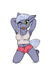 Size: 2059x2912 | Tagged: suggestive, artist:lizardwithhat, derpibooru import, limestone pie, anthro, earth pony, :p, arm behind head, armpits, blinking, breasts, clothes, cute, female, floppy ears, green eyes, grey hair, hooves, kneeling, looking at you, mare, naughty, pink panties, sidecut, silly, simple background, solo, tanktop, tight clothing, tongue out