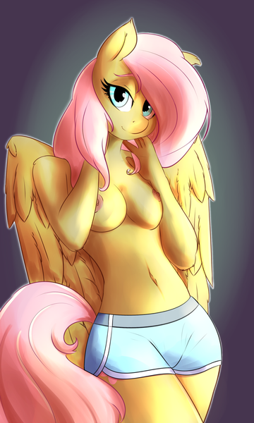 Size: 1500x2500 | Tagged: adorasexy, anthro, artist:huckser, belly button, breasts, clothes, cute, derpibooru import, edit, editor:jamalleymall, female, fluttershy, looking at you, mare, nipples, nudity, partial nudity, pegasus, questionable, sexy, shorts, smiling, solo, solo female, topless