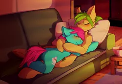 Size: 3900x2684 | Tagged: safe, artist:hakkids2, derpibooru import, oc, oc:minty split, oc:oasis, unofficial characters only, earth pony, pony, anatomically incorrect, blushing, commission, couch, cuddling, eyes closed, female, floppy ears, incorrect leg anatomy, lesbian, mare, pillow, sleeping, ych result