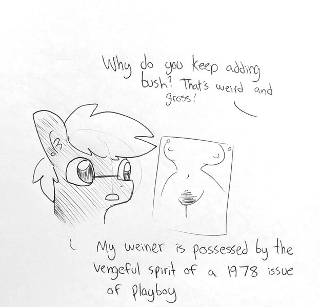 Size: 1369x1316 | Tagged: questionable, artist:tjpones, derpibooru import, oc, oc:tjpones, earth pony, human, pony, artist, breasts, dialogue, drawing, ear fluff, ear piercing, female, glasses, grayscale, human female, lineart, male, monochrome, nipples, nudity, offscreen character, piercing, pubic hair, solo focus, stallion, traditional art