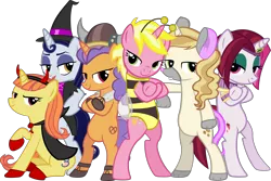 Size: 6569x4380 | Tagged: safe, artist:ironm17, derpibooru import, cayenne, citrus blush, moonlight raven, pretzel twist, sunshine smiles, sweet biscuit, pony, unicorn, absurd resolution, animal costume, bee costume, clothes, costume, devil costume, egyptian, halloween, halloween costume, helmet, holiday, horned helmet, mouse costume, viking, viking helmet, witch costume