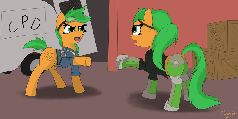 Size: 5000x2500 | Tagged: safe, artist:aezaelia, derpibooru import, oc, oc:atom smasher, unofficial characters only, cyborg, pegasus, pony, fallout equestria, fallout equestria: duck and cover, the sunjackers, clothes, cyberpunk, fanfic art, female, goggles, mare, meme, pointing, self ponidox, spider-man, vault suit