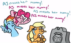 Size: 569x345 | Tagged: safe, artist:jargon scott, derpibooru import, applejack, pinkie pie, rainbow dash, pony, abuse, cruel, crying, dark comedy, dialogue, family guy, gravestone, hat, implied death, implied pear butter, jackabuse, jerk, laughing, moral event horizon, out of character, pinkie prick, pure unfiltered evil, rainbow douche, sad, simple background, we are going to hell, white background, why