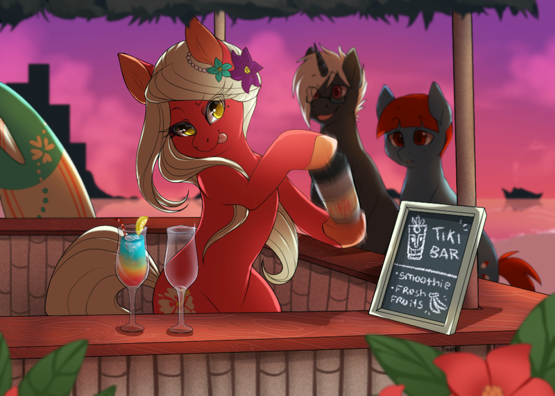 Size: 1000x713 | Tagged: safe, artist:mr-tiaa, derpibooru import, oc, oc:leinani, unofficial characters only, pony, bar, bartender, flower, flower in hair, surfboard