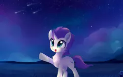Size: 2300x1432 | Tagged: safe, artist:aureai, derpibooru import, oc, oc:sky spark, unofficial characters only, pony, unicorn, blue, butt fluff, chest fluff, cloud, cute, ear fluff, female, field, flower, glowing eyes, grass, happy, hill, hoof fluff, leg fluff, looking up, mare, neck fluff, night, ocbetes, open mouth, pointing, raised hoof, scenery, shooting star, shooting stars, sky, smiling, solo, stargazing, stars, underhoof