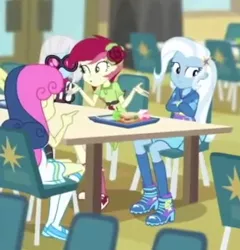 Size: 365x381 | Tagged: safe, derpibooru import, screencap, bon bon, photo finish, roseluck, sweetie drops, trixie, equestria girls, equestria girls series, schedule swap, spoiler:eqg series (season 2), background human, cafeteria, clothes, cropped, dress, female, flower, high heels, hoodie, rose, shoes, skirt