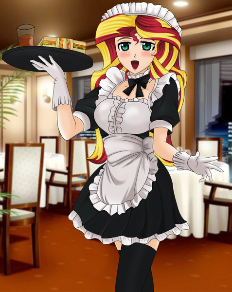 Size: 763x960 | Tagged: alternate version, anime, artist:anonix123, chair, clothes, derpibooru import, female, food, glass, human, humanized, juice, maid, open mouth, restaurant, safe, solo, sunset shimmer, table